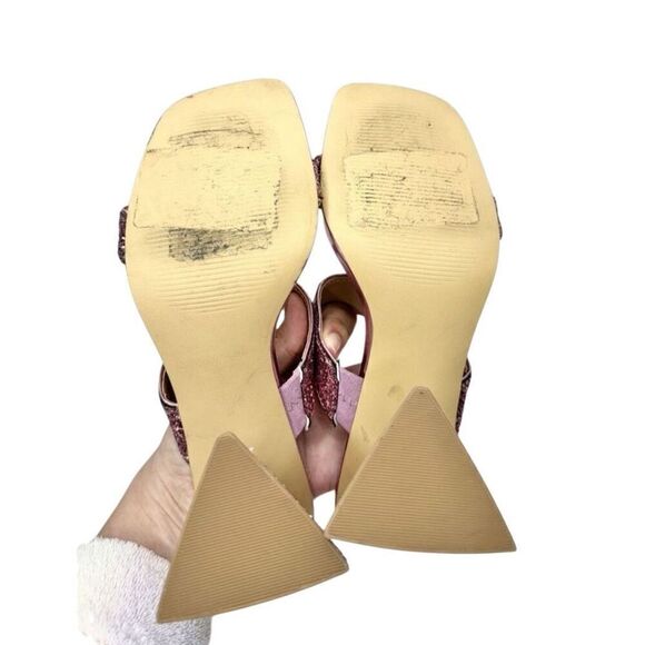 Abound Sandals Size 5 Pink Double Strap Glitter Slip On Open Square Toe Heels - Picture 8 of 8